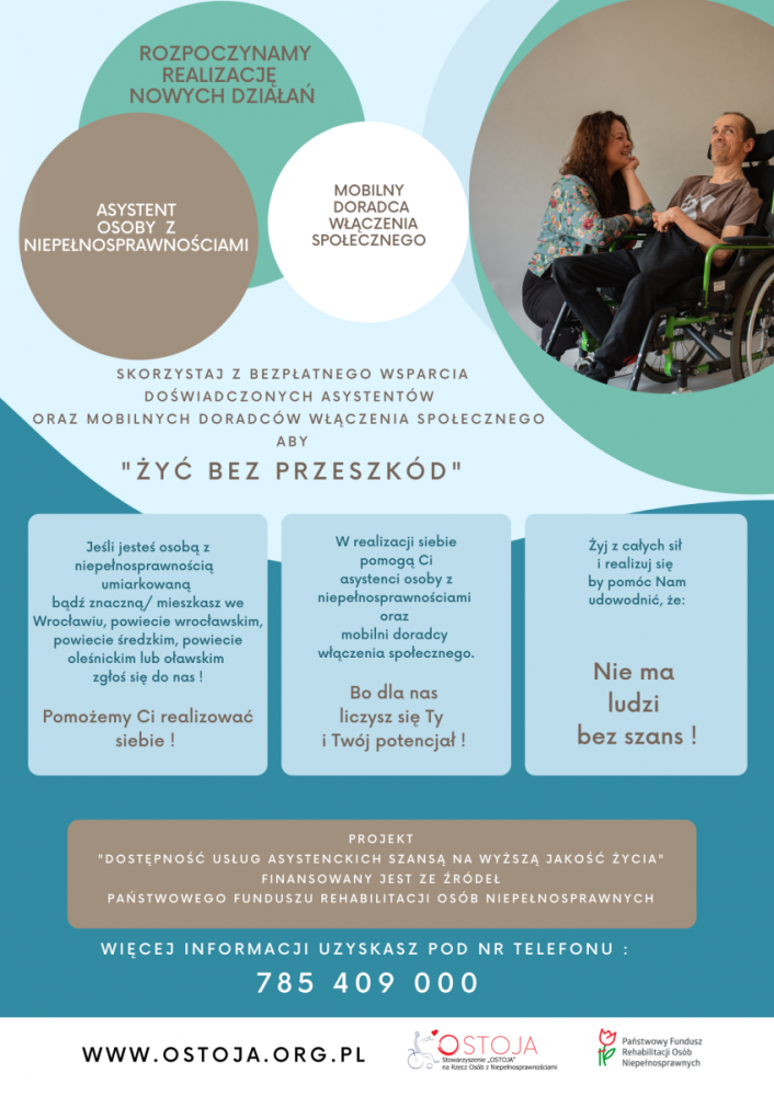 Plakat przedstawiający osobę z niepełnosprawnością oraz asystenta osoby z niepełnosparwnościami 