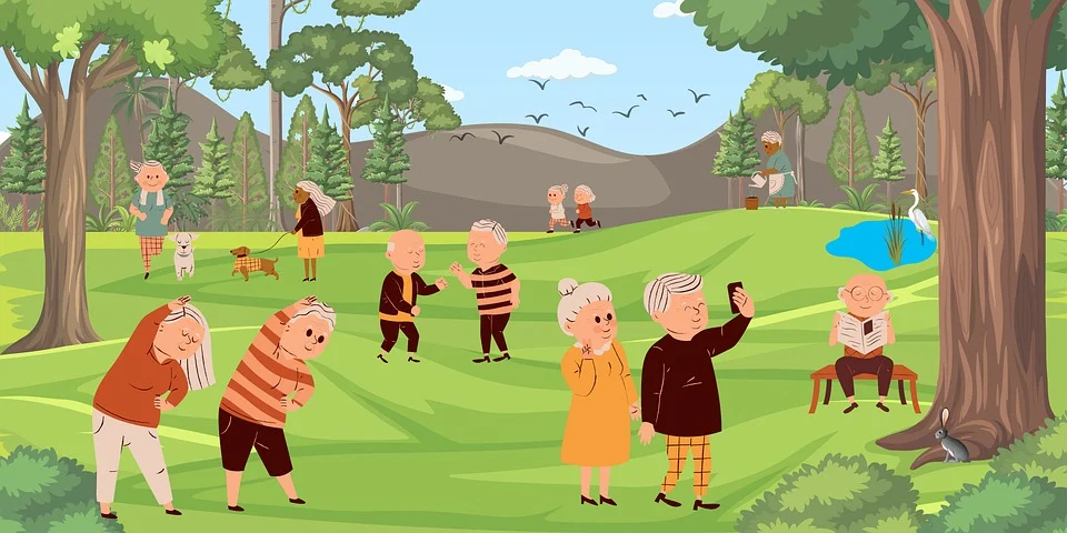 Plakat projektu - seniorzy w parku spacerują, ćwiczą i rozmawiają